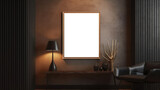 Mock-up frame with transparency on dark brownn wall in stylish interior