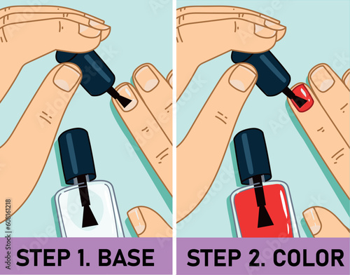 How to apply the nail polish. Healthcare illustration, beauty illustration. DIY illustration. Vector illustration.