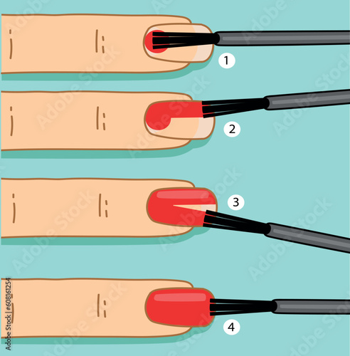 How to apply the nail polish. Healthcare illustration, beauty illustration. DIY illustration. Vector illustration.