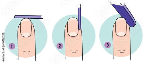 Care of natural nails. DIY manicure. File the nail. Manicure steps. Healthcare illustration. Vector illustration. 