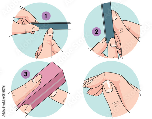 Care of natural nails. DIY manicure. File the nail. Manicure steps. Healthcare illustration. Vector illustration. 