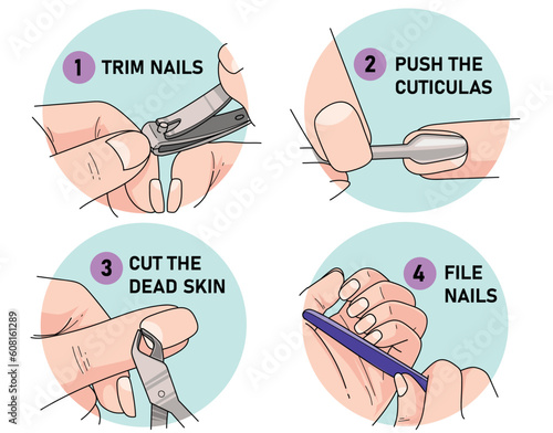 Care of natural nails. DIY manicure. File the nail. Manicure steps. Healthcare illustration. Vector illustration. 