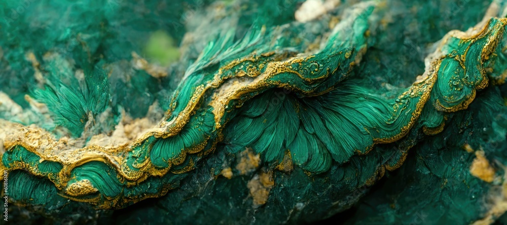 Abstract deep green jade with embedded gold rock specimen, cracked and fragmented shiny pearlescent texture and grooved wavy line eroded patterns - generative ai Abstract deep green jade with embedded gold rock specimen, cracked and fragmented shiny pearlescent texture and grooved wavy line eroded patterns - generative ai