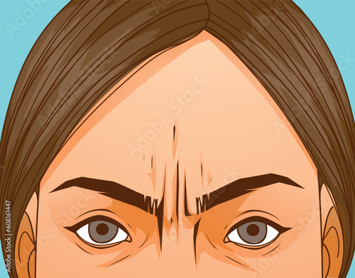 A woman faced age problems. Age skin. Wrinkles on the forehead.  Mimic wrinkles. Healthcare illustration. Vector illustration.