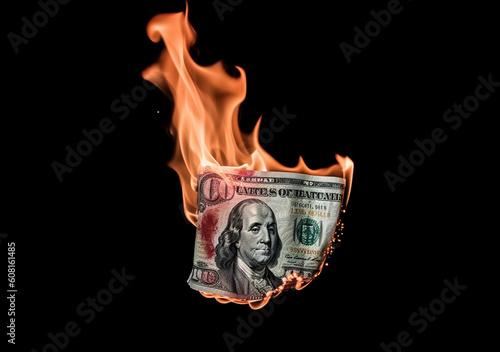 Wallpaper Mural Hundred dollar bill on fire. The concept of bankruptcy, depreciation of money. Generated AI. Torontodigital.ca