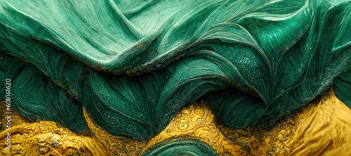 Abstract deep green jade with embedded gold rock specimen, cracked and fragmented shiny pearlescent texture and grooved wavy line eroded patterns - generative ai