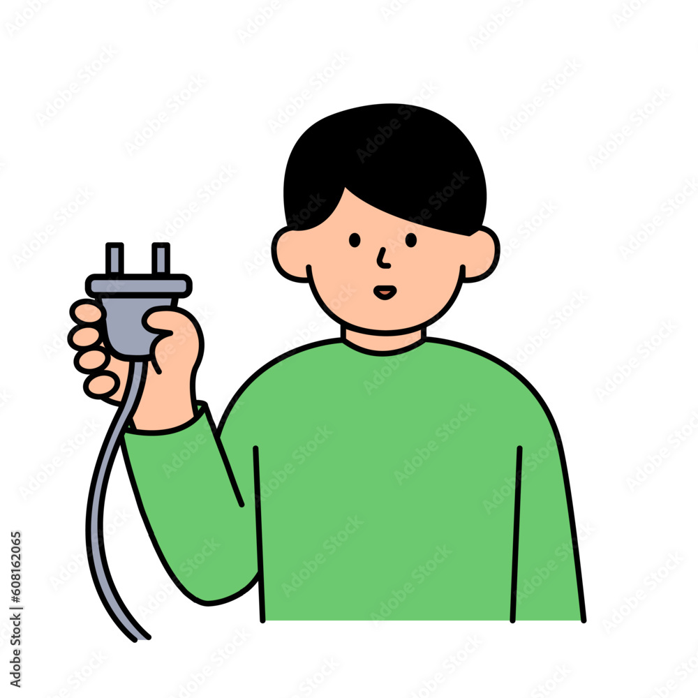 Man unplugging power plug to save energy. Environment, Power and Saving Energy Concept. Cartoon Flat Vector illustration.