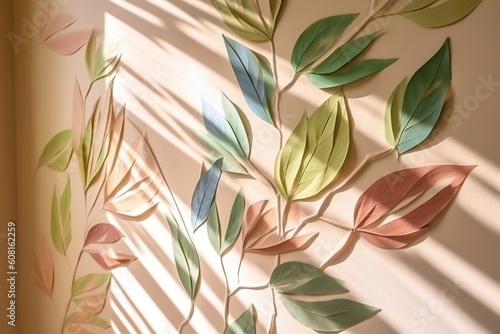 Sunlight and Leaf Shadow on Pastel Wallpaper  Generative Ai.