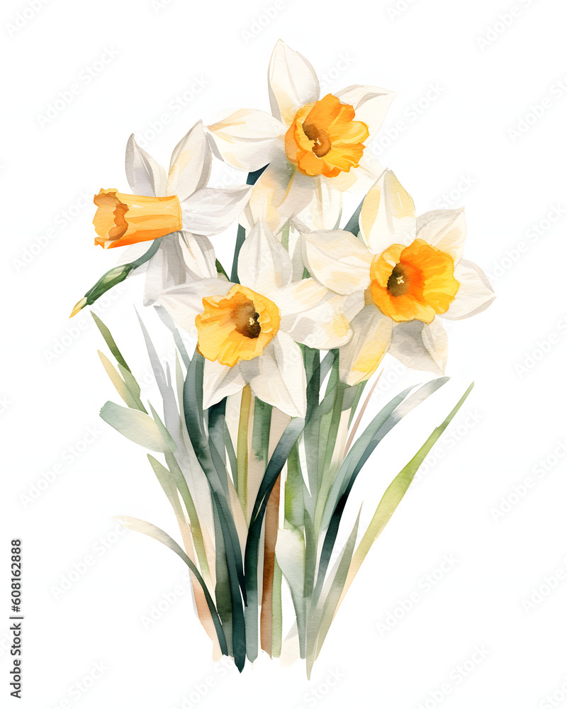 Watercolor narcissus bouquet isolated - obrazy, fototapety, plakaty 