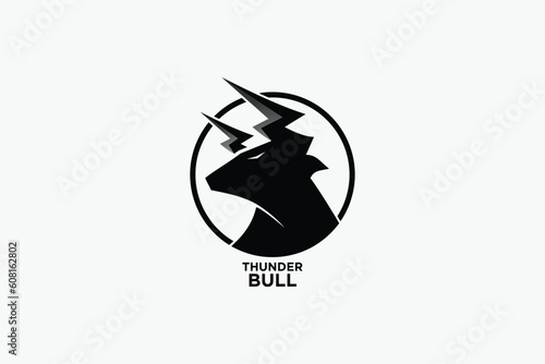 Bull with thunder logo design. with lightning horns, Flash electric energy in bull.