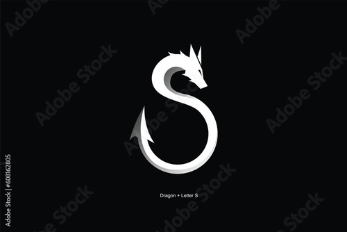 Modern dragon and letter S logo design. dragon with letter S icon vector with black and white gradient photo