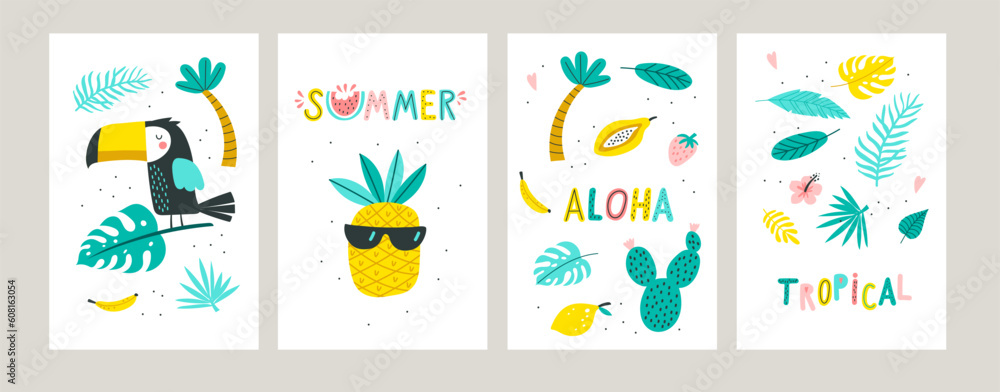 Card set of summer elements:  palm leaves, tropical flowers, flamingo, toucan, Tropical collection. Vector illustrations