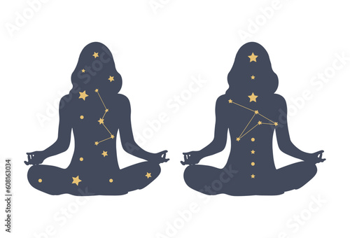 Yoga pose lotos silhouette. Modern art design with pose lotos and stars. Abstract cosmos. Abstract star. Flat design with yoga pose.