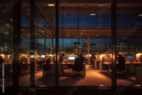 Blurred Evening Office Workspace, Generative Ai.