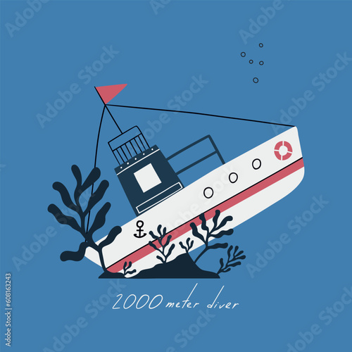 Vector illustration with sunken ship. Colorful marine design with sunken ship. Unique cup or bag design, house poster, banner illustration. Vector card series.