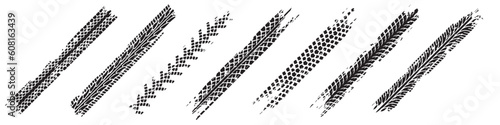 Dirty tire tracks. Grunge motor race track, wheel tires protector pattern and dirt wheels imprint texture vector illustration set.EPS 10