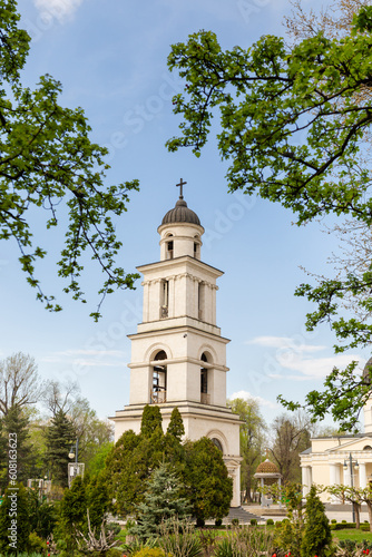 Nativity Cathedral Orthodox church in Chisinau, Moldova. Christianity architecture, green trees, summertime.