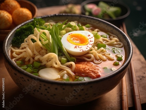 Udon noodles with various toppings like tempura, spring onions, and a soft boiled egg