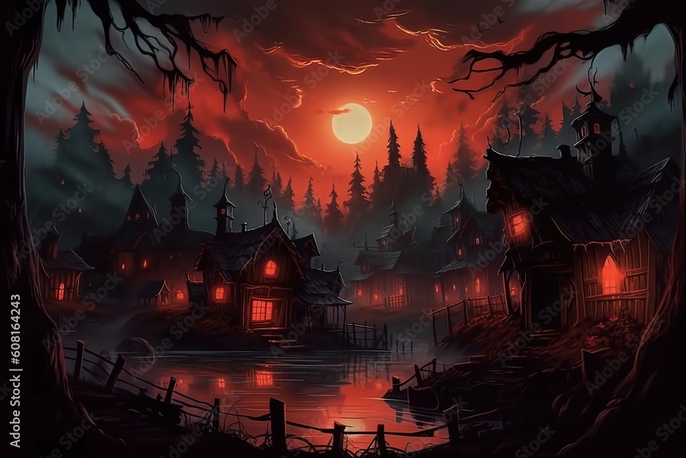 Halloween background with haunted house on the shore of the lake.