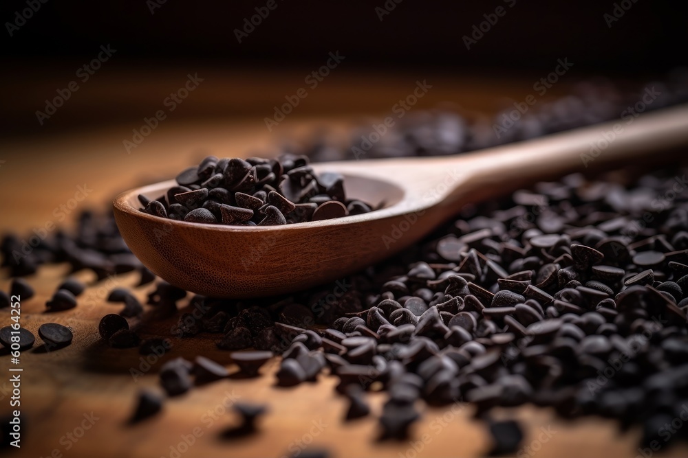 dark chocolate chips piled up on a wooden spoon against a rustic background dark chocolate chips piled up on a wooden spoon against a rustic background
