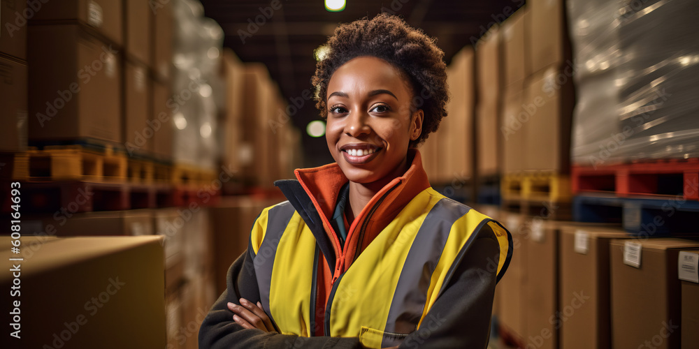 Fototapeta premium Portrait of a female warehouse worker wearing a hi-vis jacket stood in a distribution center. Generative ai