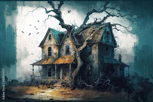 abandoned haunted house in the forest,illustration painting design