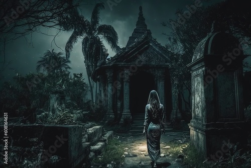 Mysterious woman standing in front of a temple in Bali, Indonesia