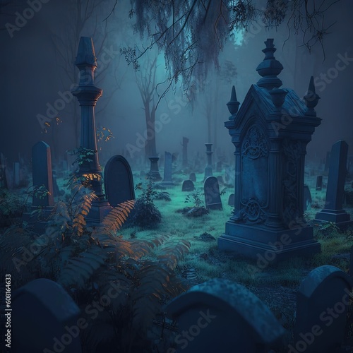 Grave in the forest at night. Halloween background. 3D rendering