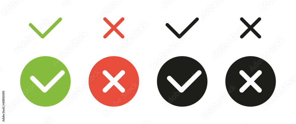 Checkmarks and crosses used as visual symbols for indicating completion or confirmation checkmarks or rejection or error crosses. Checkmarks, crosses, symbols. Checkmarks and crosses used as visual symbols for indicating completion or confirmation checkmarks or rejection or error crosses. Checkmarks, crosses, symbols.