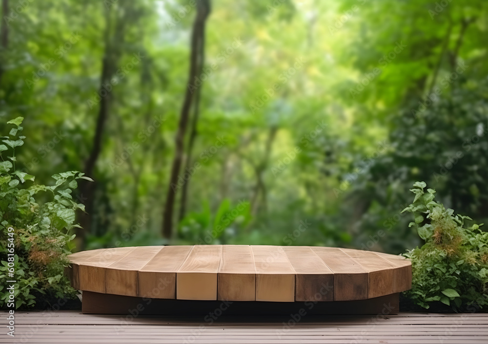 Wooden product display podium with green nature background