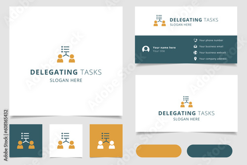 Delegating tasks logo design with editable slogan. Branding book and business card template.