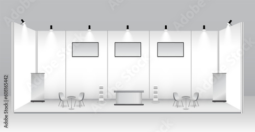 set of realistic trade exhibition stand or white blank exhibition kiosk or stand booth corporate commercial. eps vector