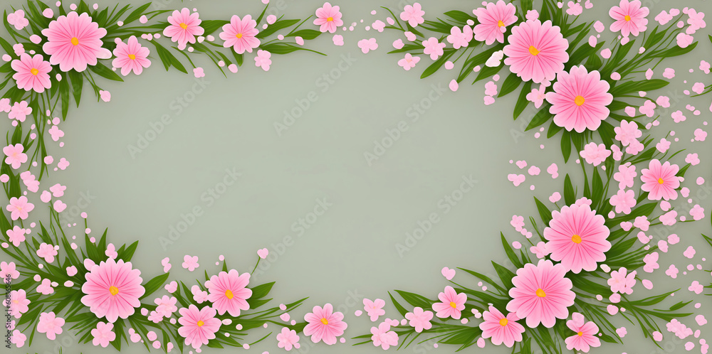 Pink flowers with leaves on a gray background, with space for text. Generative AI Pink flowers with leaves on a gray background, with space for text. Generative AI