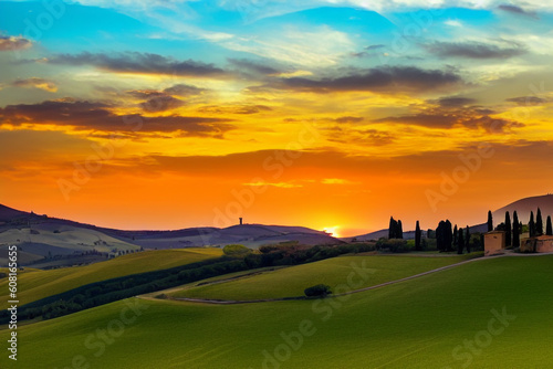 Beautiful blazing sunset landscape at over the meadow and orange sky above it. Amazing summer sunrise as a background.
