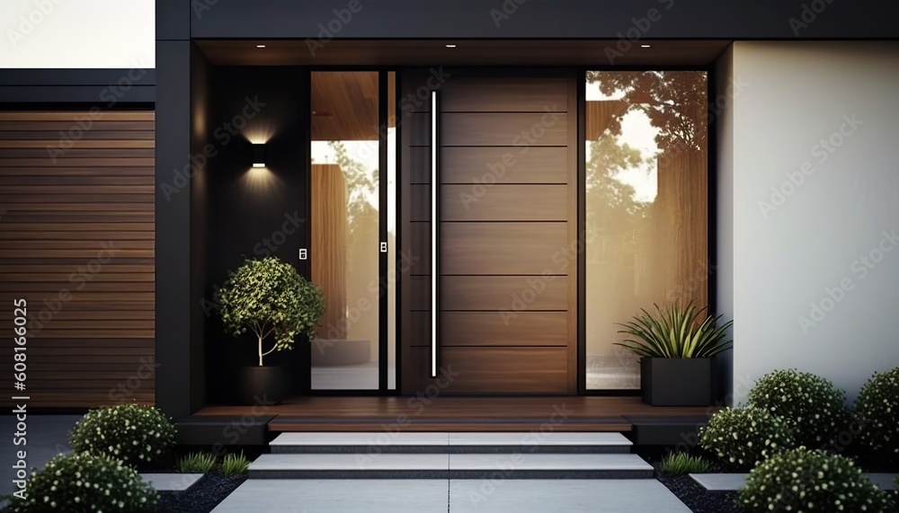 Modern luxury house front door with metal handle, big glass side panels and potted plant. Generative AI Modern luxury house front door with metal handle, big glass side panels and potted plant. Generative AI