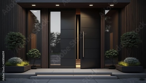 Modern luxury house front door with metal handle, big glass side panels and potted plant. Generative AI