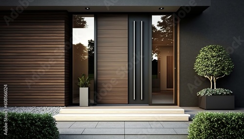 Modern luxury house front door with metal handle, big glass side panels and potted plant. Generative AI