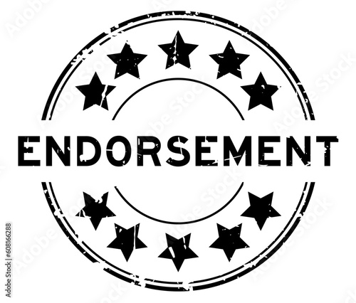 Grunge black endorsement word with star icon round rubber seal stamp on white background