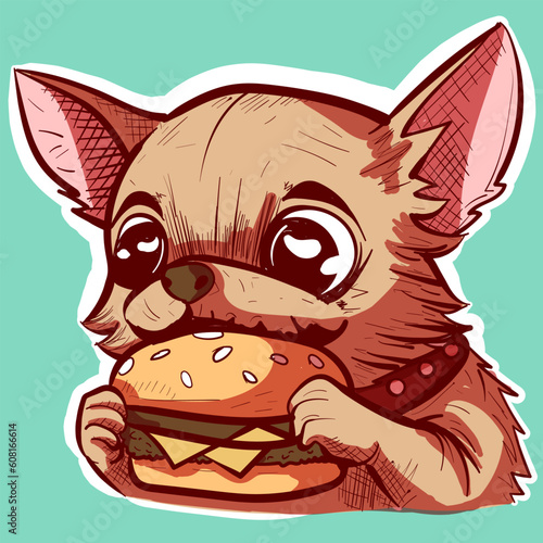 Digital art of a cute cartoon chihuahua eating a big burger with his small hands. Vector of a small dog eating a hamburger.