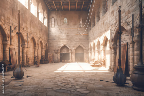 Paved courtyard for soldier training in medieval castle. Cinematic light, volumetric light, no people with empty space for characters. Realistic environment made with Generative AI