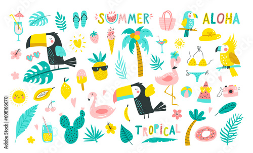 Set of summer elements:  palm leaves, tropical flowers, flamingo, toucan, Tropical collection of stickers for summer design, scrapbooking and postcards. Vector illustrations