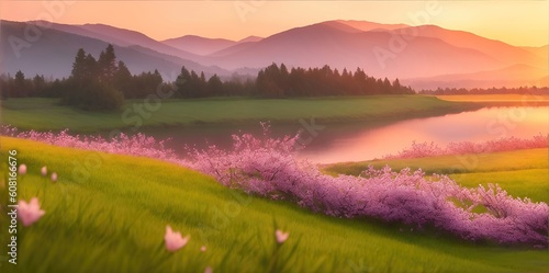 Landscape with bright pink blooming flowers.