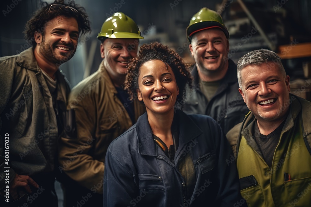 Group of Team Workers of mixed races and genders enjoy working in factory standing together smiling, making a happy hand sign. Banner for labor day, labour day, worker day. Created with generative ai Group of Team Workers of mixed races and genders enjoy working in factory standing together smiling, making a happy hand sign. Banner for labor day, labour day, worker day. Created with generative ai