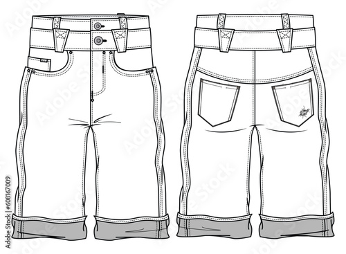 Men's High Double Waist Denim Short Front and Back View. Fashion Illustration, Vector, CAD, Technical Drawing, Flat Drawing, Template, Mockup.