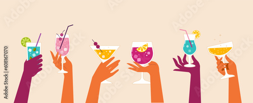 Modern flat summer party poster design template. Colorful background with hands holding cocktail glasses. Celebration poster concept and web banner.