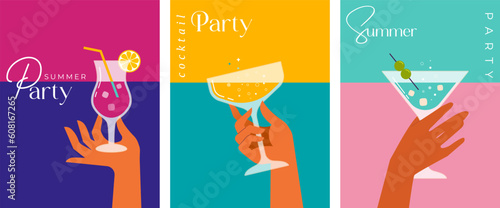 Modern flat summer beach party poster and social media story design templates. Hands holding cocktail glasses on seascape background. Celebration poster concept and web banner.
