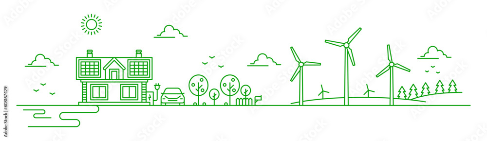 Obraz premium Eco city landscape, vector green energy, ecology and environment. Thin line building of village house with green trees, solar panels on roof and electric car with charger, wind turbine and clear sky