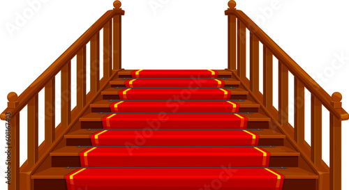 Castle and palace staircase. Wooden stairs with red carpet of medieval royal, fantasy and fairy tale building interior vector element. Cartoon wood staircase or stairway with rails and balustrades