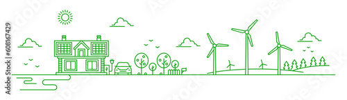 Eco city landscape, vector green energy, ecology and environment. Thin line building of village house with green trees, solar panels on roof and electric car with charger, wind turbine and clear sky