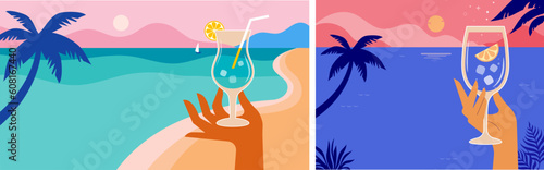 Summer beach party modern flat flyer design templates. Hands holding cocktail and wine glasses on sea landscape background. Celebration poster concept and web banner.